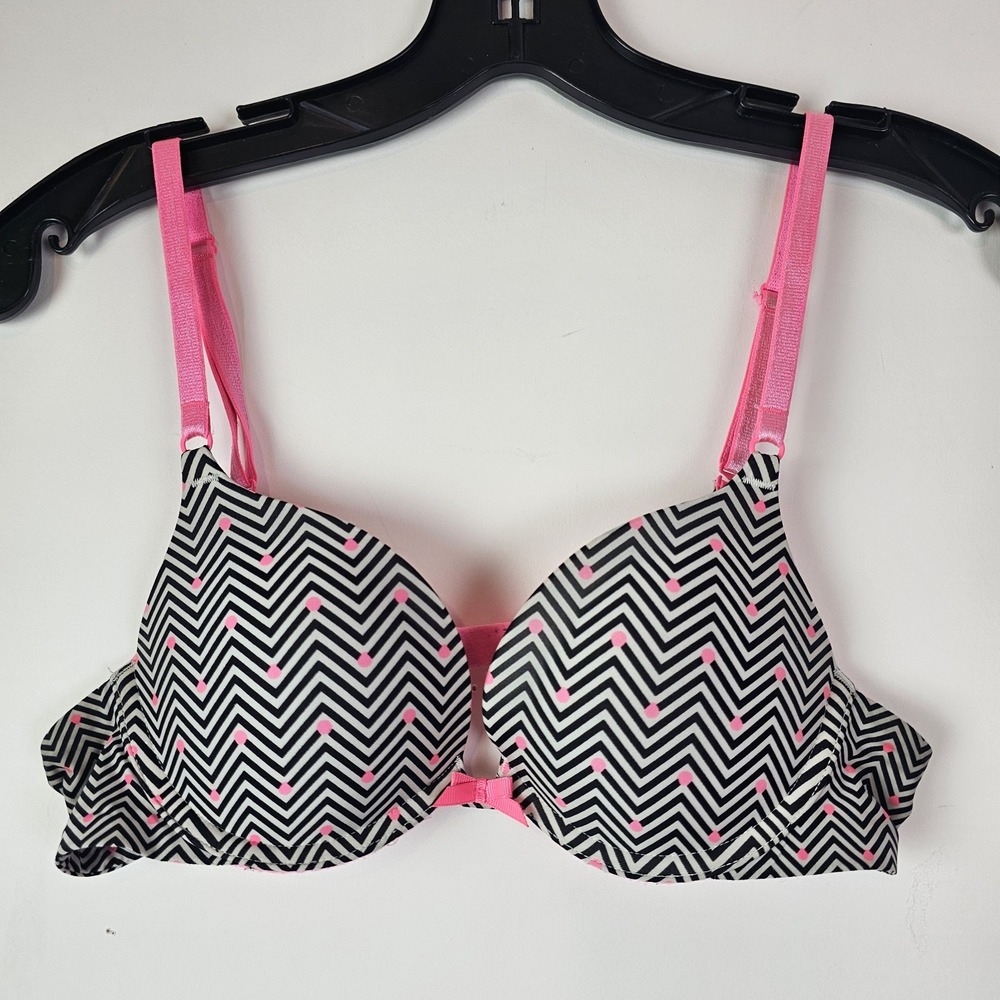 Victoria's Secret PINK Plunge Bra Push Up Pigeonnant White Black 34A Geometric